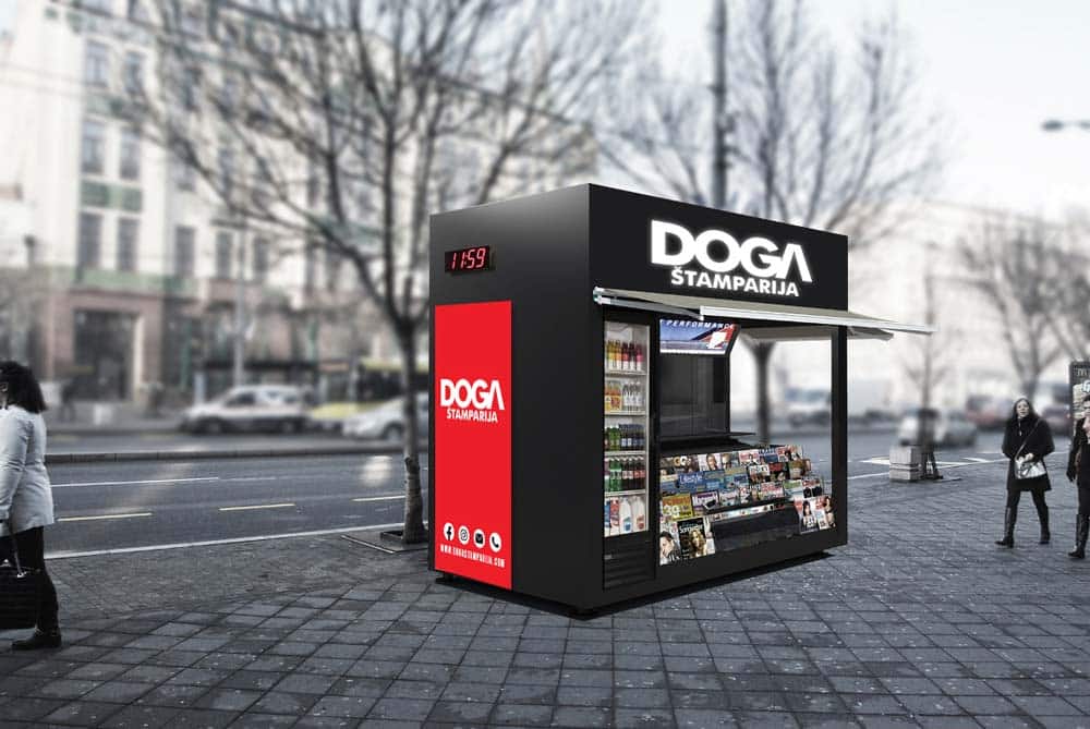 DOGA štamparija - Spoljašnje brendiranje - brendiranje trafike - prelepljivanje trafike pvc folijom - lexan - forex - kiosk brendiranje - kiosk prelepljivanje - nalepnica na trafici - folija za trafiku - folija za kiosk